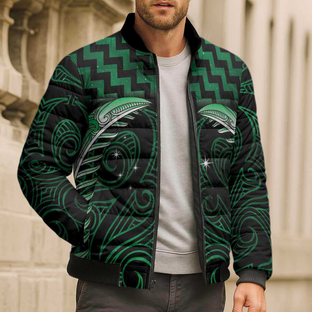 Green Matariki New Zealand Bomber Puffer Jacket Maori Poutama Galaxy Vibes - Polynesian Pride