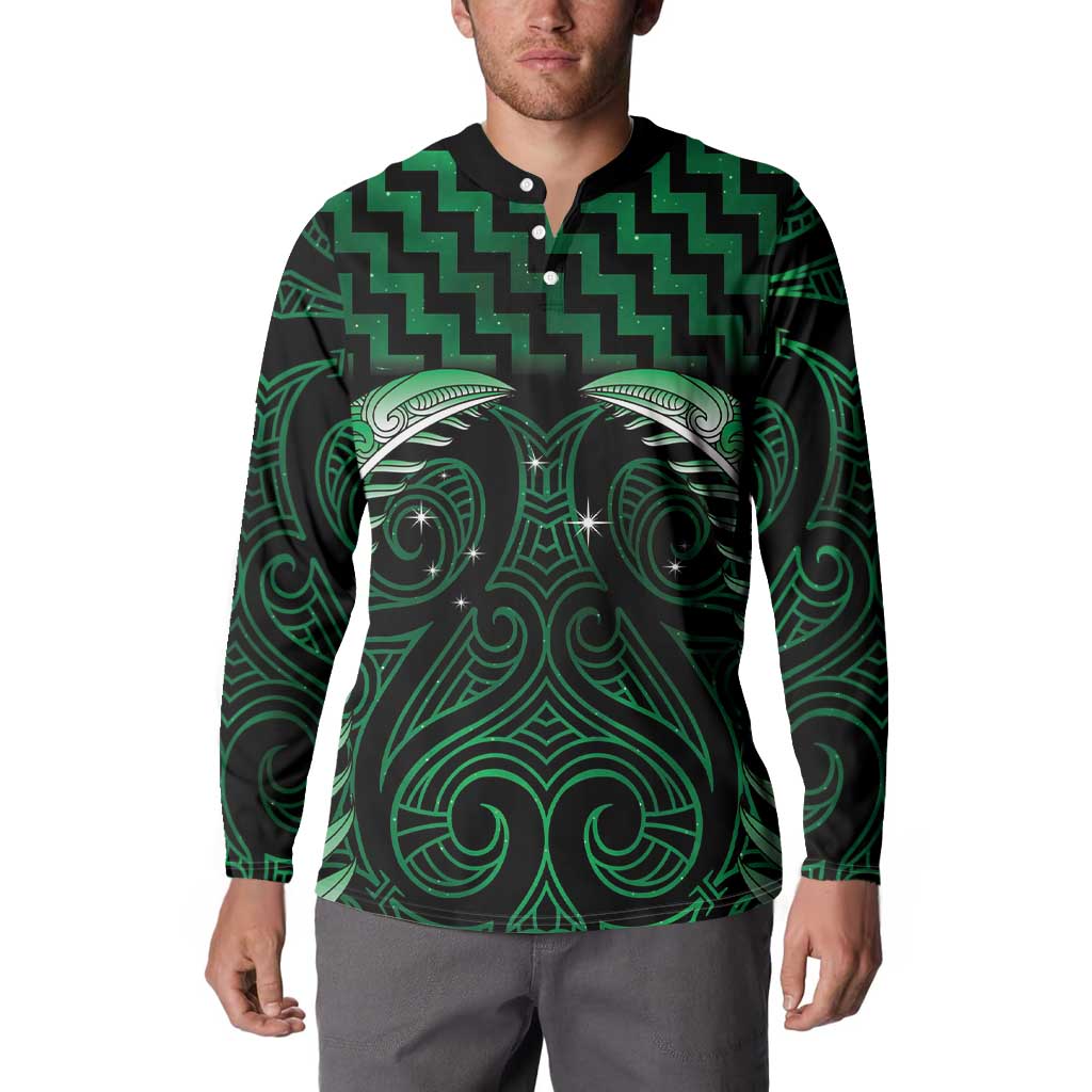 Green Matariki New Zealand Button Sweatshirt Maori Poutama Galaxy Vibes