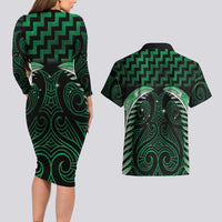 Green Matariki New Zealand Couples Matching Long Sleeve Bodycon Dress and Hawaiian Shirt Maori Poutama Galaxy Vibes