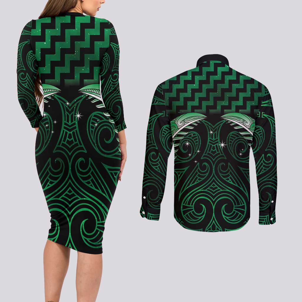 Green Matariki New Zealand Couples Matching Long Sleeve Bodycon Dress and Long Sleeve Button Shirt Maori Poutama Galaxy Vibes
