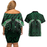 Green Matariki New Zealand Couples Matching Off Shoulder Short Dress and Hawaiian Shirt Maori Poutama Galaxy Vibes