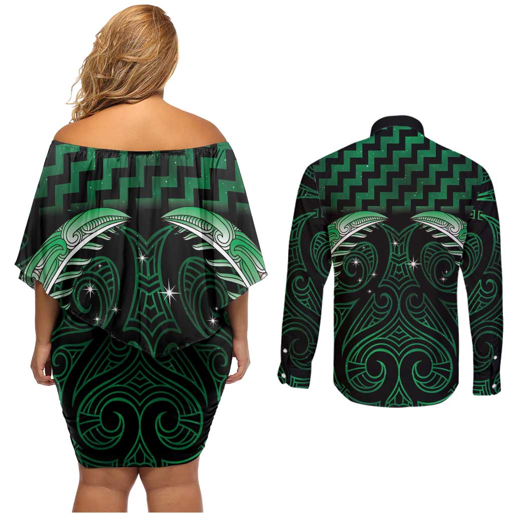 Green Matariki New Zealand Couples Matching Off Shoulder Short Dress and Long Sleeve Button Shirt Maori Poutama Galaxy Vibes