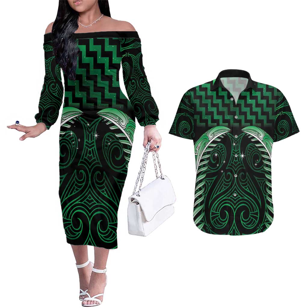Green Matariki New Zealand Couples Matching Off The Shoulder Long Sleeve Dress and Hawaiian Shirt Maori Poutama Galaxy Vibes