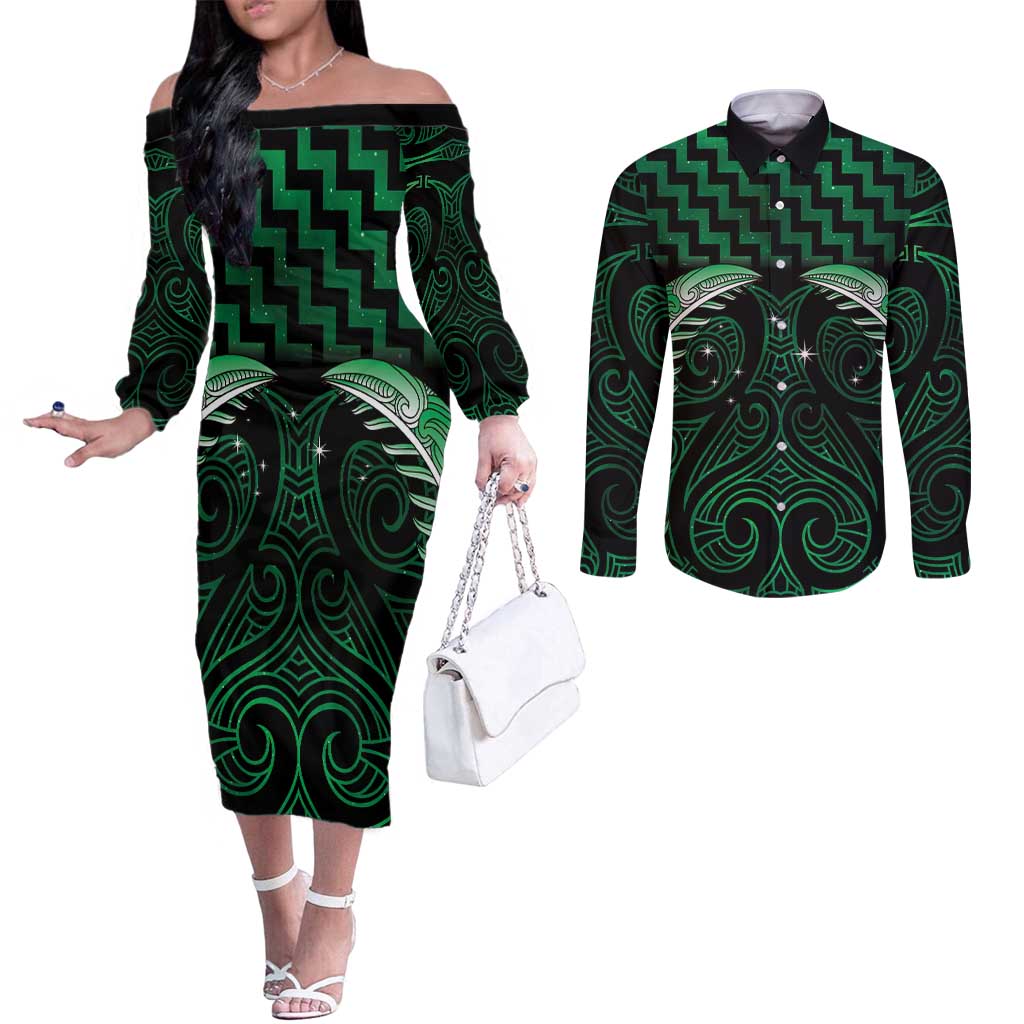Green Matariki New Zealand Couples Matching Off The Shoulder Long Sleeve Dress and Long Sleeve Button Shirt Maori Poutama Galaxy Vibes