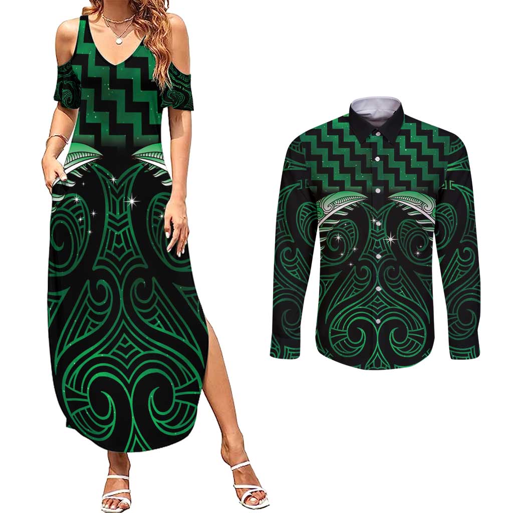 Green Matariki New Zealand Couples Matching Summer Maxi Dress and Long Sleeve Button Shirt Maori Poutama Galaxy Vibes