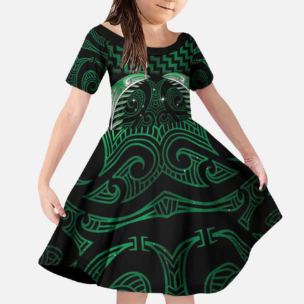 Green Matariki New Zealand Family Matching Long Sleeve Bodycon Dress and Hawaiian Shirt Maori Poutama Galaxy Vibes