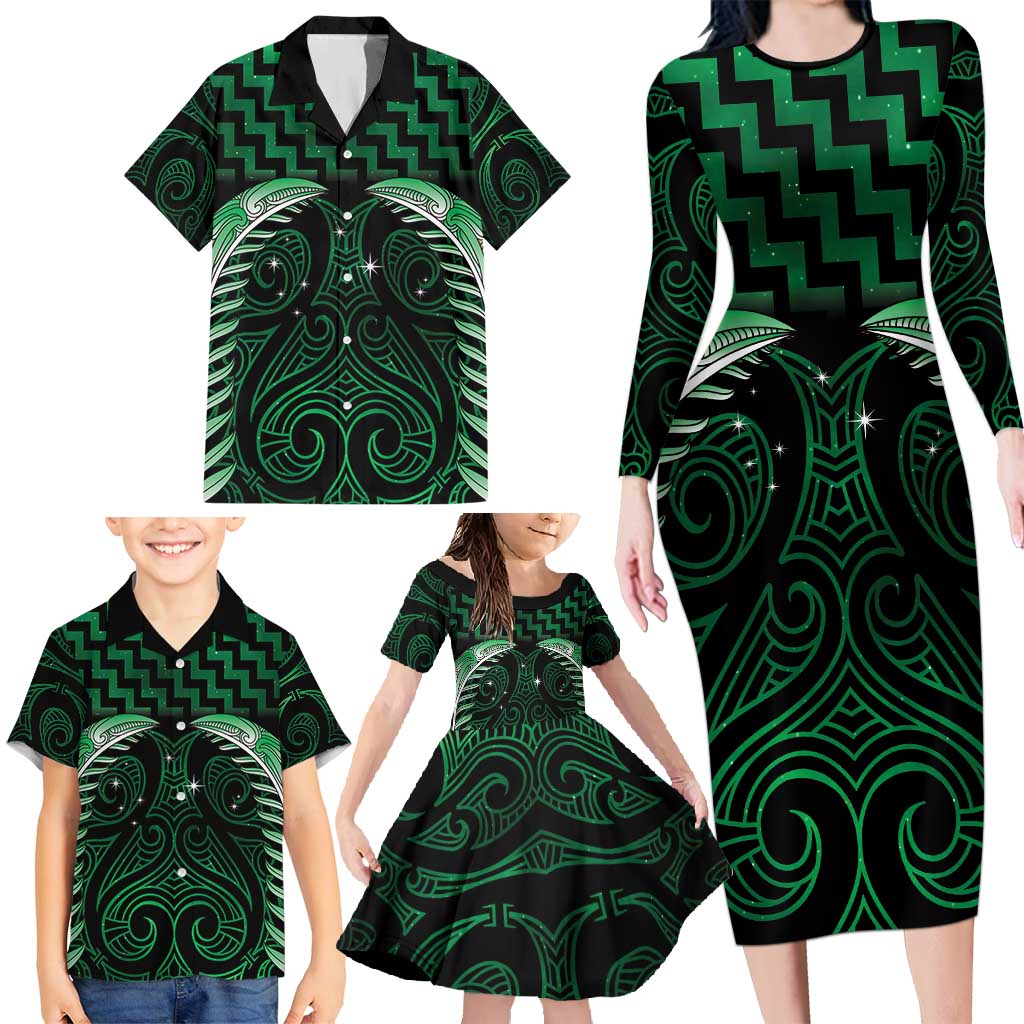 Green Matariki New Zealand Family Matching Long Sleeve Bodycon Dress and Hawaiian Shirt Maori Poutama Galaxy Vibes