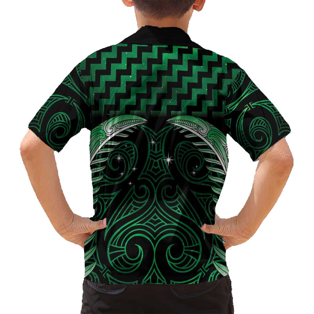 Green Matariki New Zealand Family Matching Off Shoulder Short Dress and Hawaiian Shirt Maori Poutama Galaxy Vibes