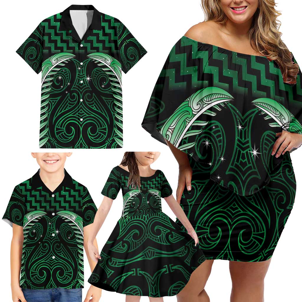 Green Matariki New Zealand Family Matching Off Shoulder Short Dress and Hawaiian Shirt Maori Poutama Galaxy Vibes