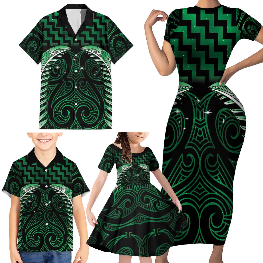 Green Matariki New Zealand Family Matching Short Sleeve Bodycon Dress and Hawaiian Shirt Maori Poutama Galaxy Vibes