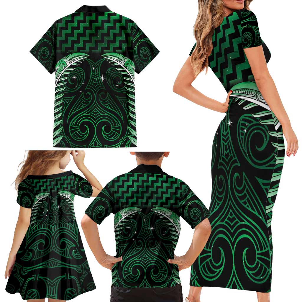 Green Matariki New Zealand Family Matching Short Sleeve Bodycon Dress and Hawaiian Shirt Maori Poutama Galaxy Vibes