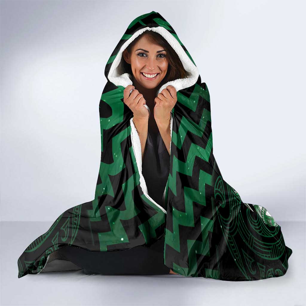 Green Matariki New Zealand Hooded Blanket Maori Poutama Galaxy Vibes