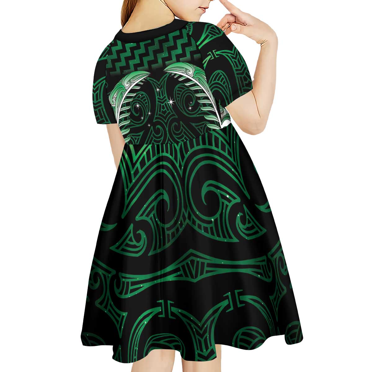 Green Matariki New Zealand Kid Short Sleeve Dress Maori Poutama Galaxy Vibes