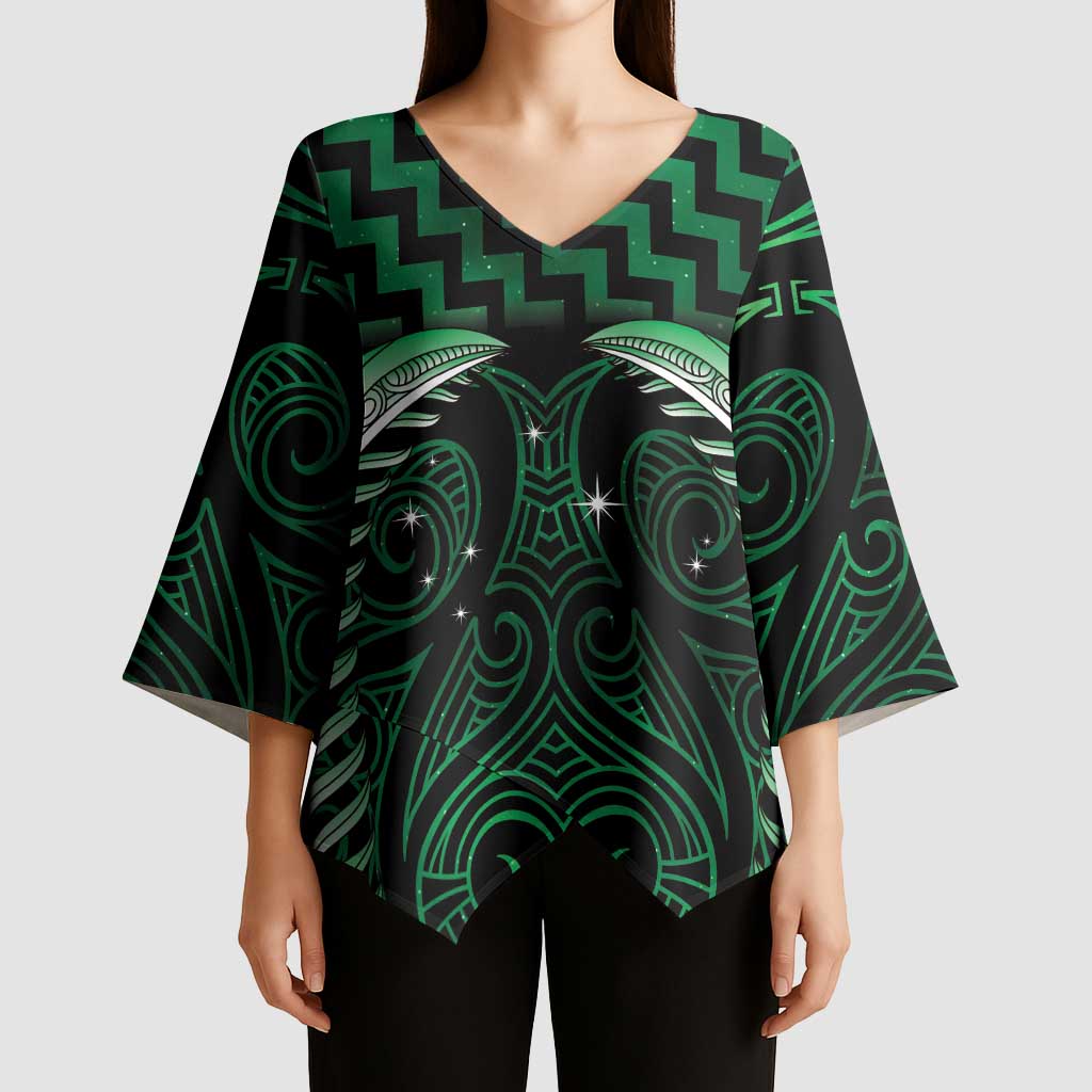 Green Matariki New Zealand Kimono Sleeve Blouse Maori Poutama Galaxy Vibes - Polynesian Pride