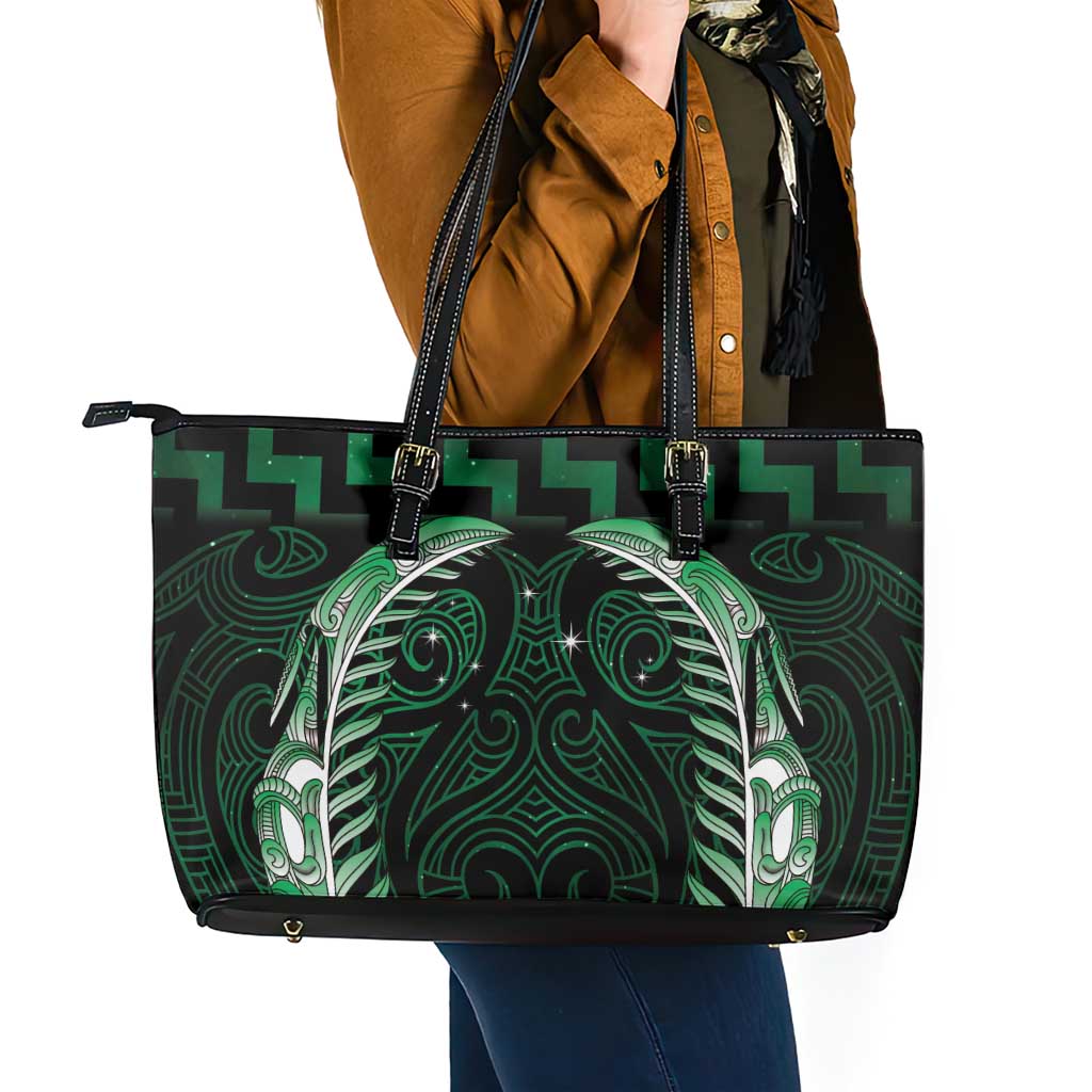 Green Matariki New Zealand Leather Tote Bag Maori Poutama Galaxy Vibes