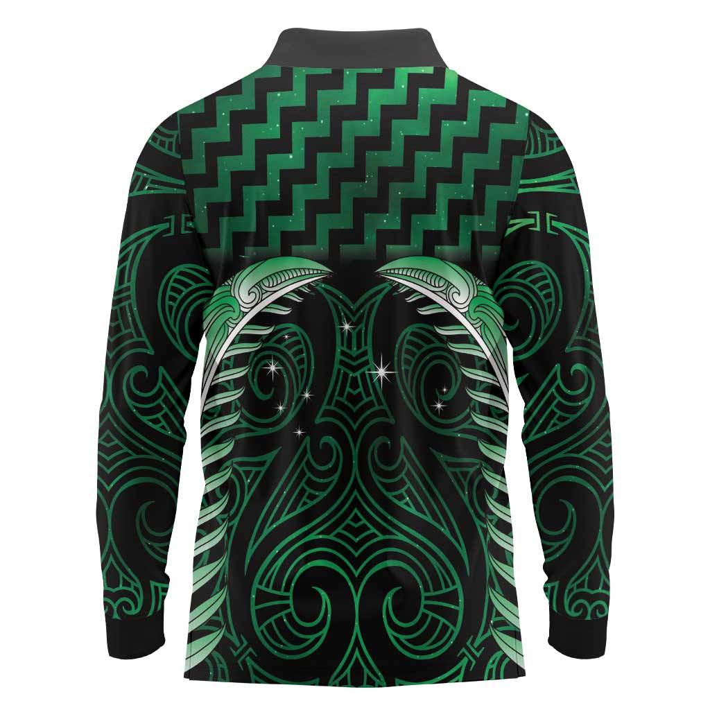 Green Matariki New Zealand Long Sleeve Polo Shirt Maori Poutama Galaxy Vibes