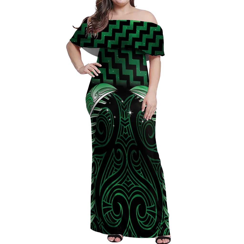Green Matariki New Zealand Off Shoulder Maxi Dress Maori Poutama Galaxy Vibes