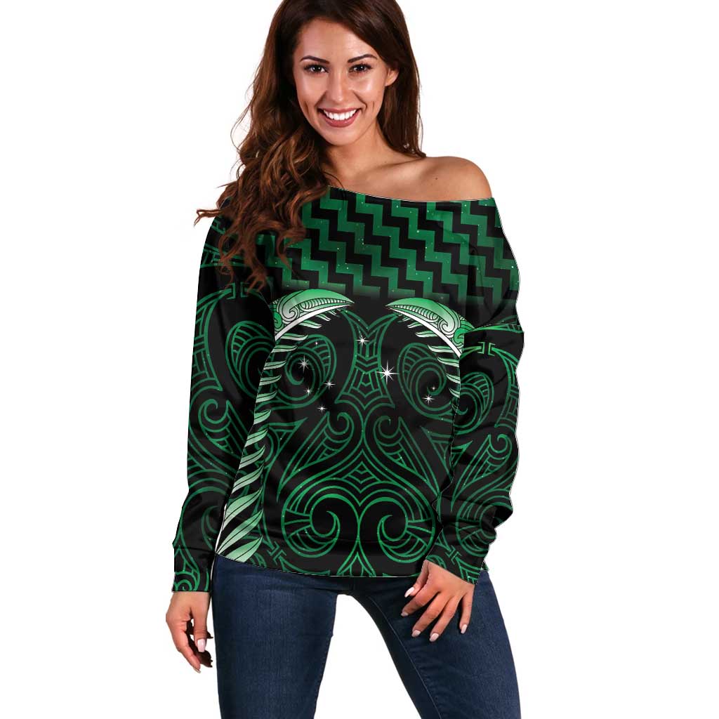 Green Matariki New Zealand Off Shoulder Sweater Maori Poutama Galaxy Vibes
