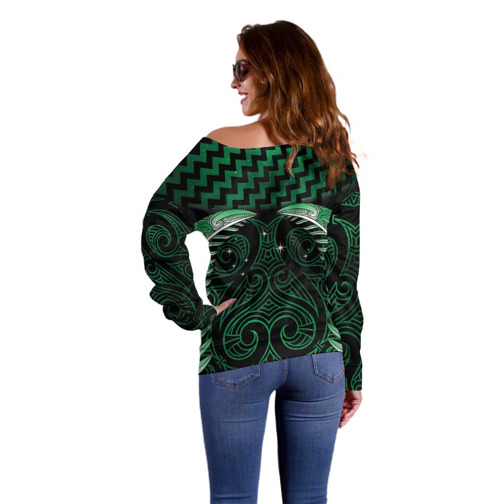Green Matariki New Zealand Off Shoulder Sweater Maori Poutama Galaxy Vibes