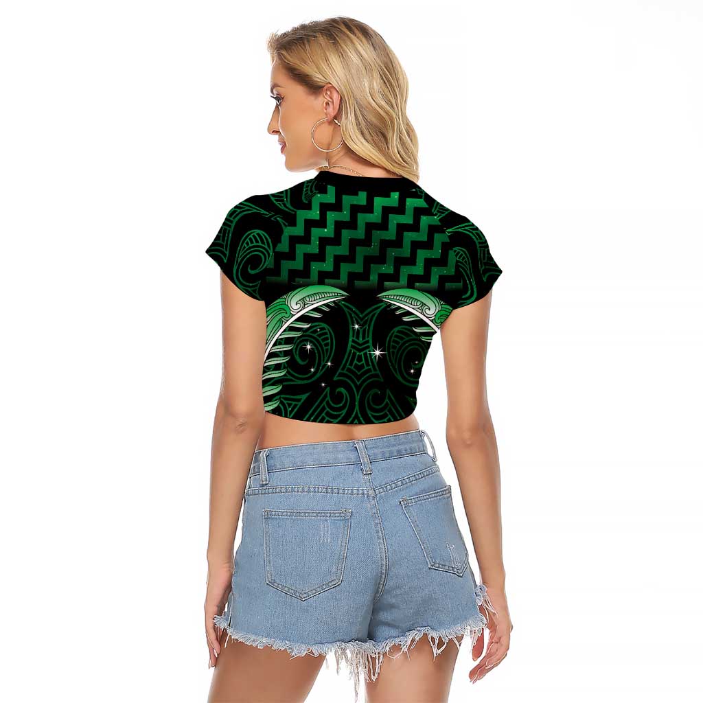Green Matariki New Zealand Raglan Cropped T Shirt Maori Poutama Galaxy Vibes