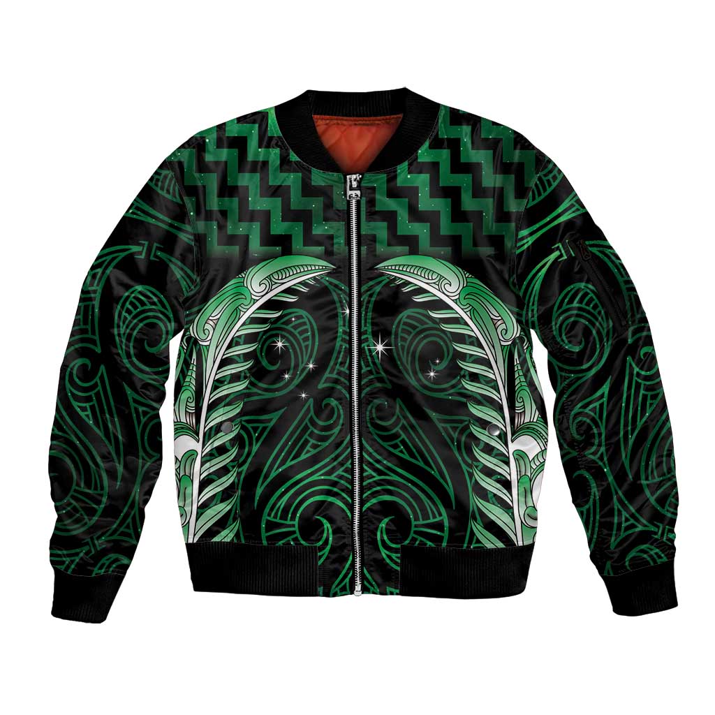 Green Matariki New Zealand Sleeve Zip Bomber Jacket Maori Poutama Galaxy Vibes
