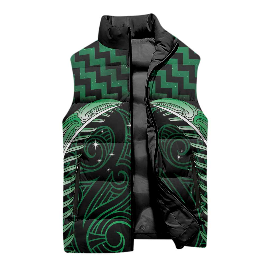 Green Matariki New Zealand Sleeveless Puffer Jacket Maori Poutama Galaxy Vibes - Polynesian Pride