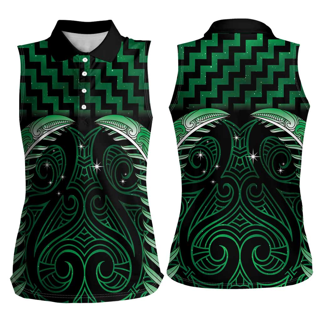 Green Matariki New Zealand Women Sleeveless Polo Shirt Maori Poutama Galaxy Vibes