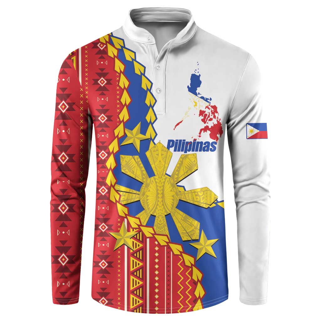 Philippines Independence Day Button Sweatshirt Pilipinas Sun Stars Igorot Pattern