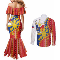 Philippines Independence Day Couples Matching Mermaid Dress and Long Sleeve Button Shirt Pilipinas Sun Stars Igorot Pattern
