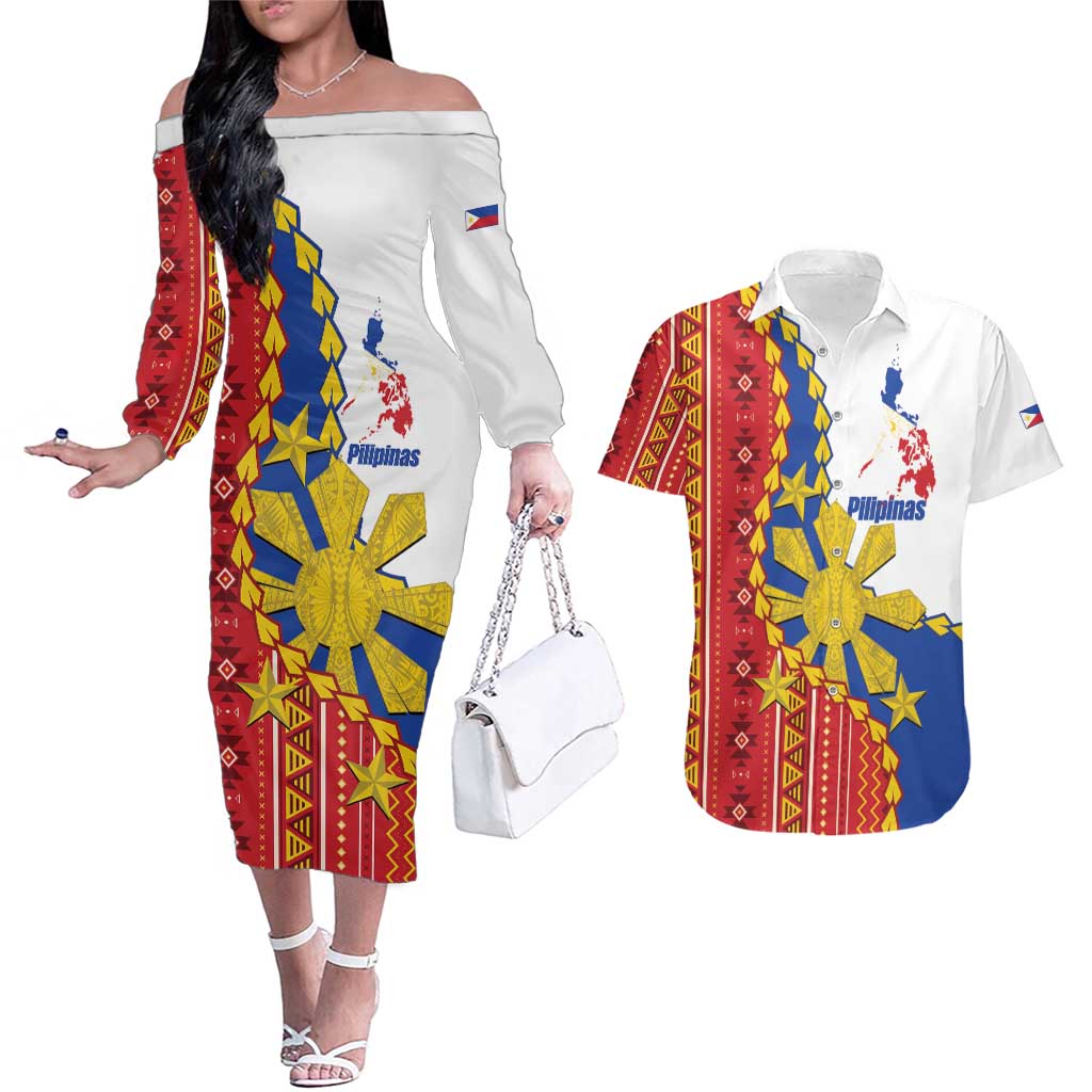 Philippines Independence Day Couples Matching Off The Shoulder Long Sleeve Dress and Hawaiian Shirt Pilipinas Sun Stars Igorot Pattern