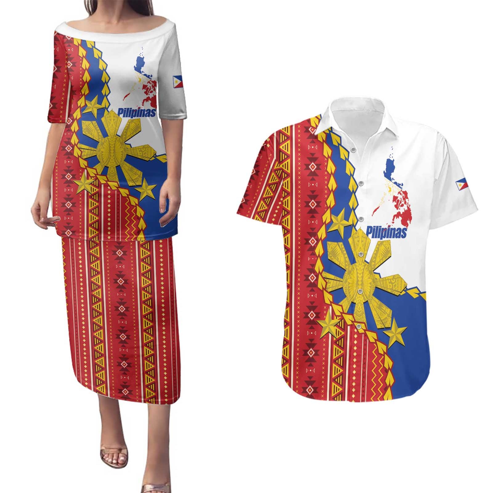 Philippines Independence Day Couples Matching Puletasi and Hawaiian Shirt Pilipinas Sun Stars Igorot Pattern