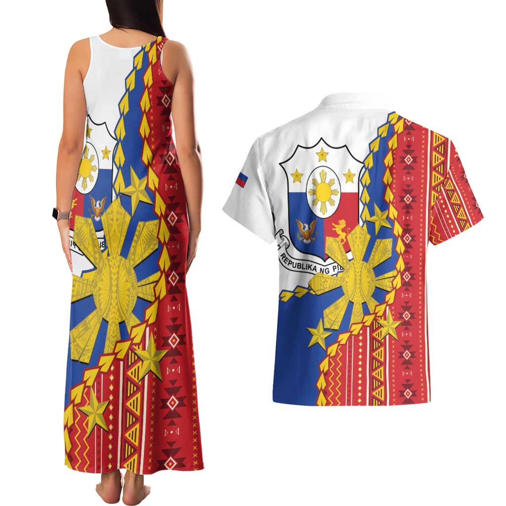 Philippines Independence Day Couples Matching Tank Maxi Dress and Hawaiian Shirt Pilipinas Sun Stars Igorot Pattern