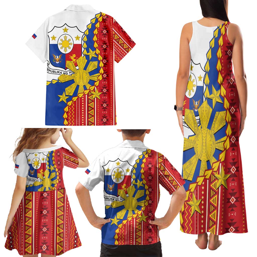 Philippines Independence Day Family Matching Tank Maxi Dress and Hawaiian Shirt Pilipinas Sun Stars Igorot Pattern