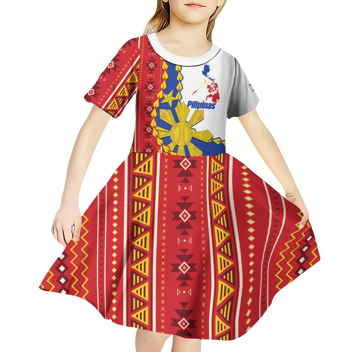 Philippines Independence Day Kid Short Sleeve Dress Pilipinas Sun Stars Igorot Pattern