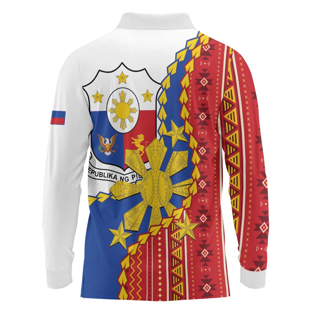 Philippines Independence Day Long Sleeve Polo Shirt Pilipinas Sun Stars Igorot Pattern