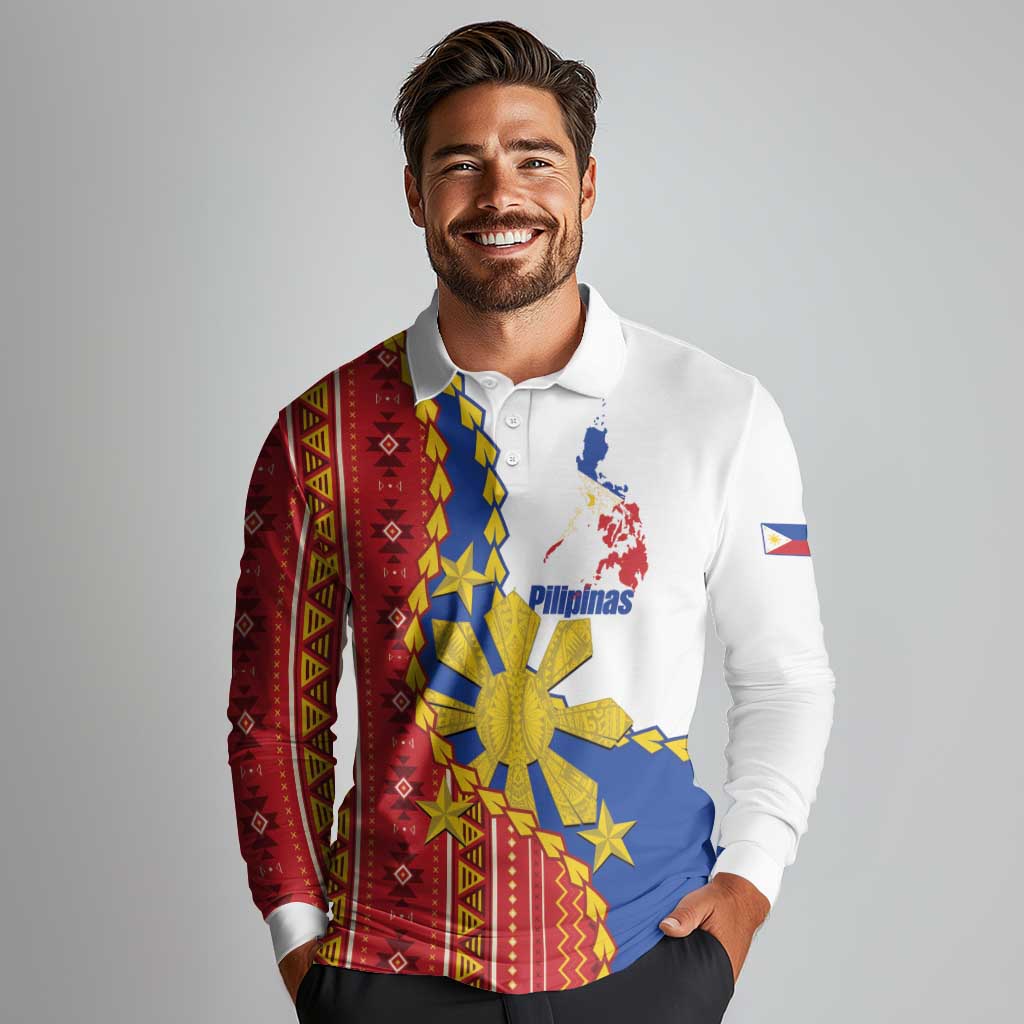 Philippines Independence Day Long Sleeve Polo Shirt Pilipinas Sun Stars Igorot Pattern