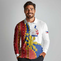 Philippines Independence Day Long Sleeve Polo Shirt Pilipinas Sun Stars Igorot Pattern