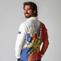 Philippines Independence Day Long Sleeve Polo Shirt Pilipinas Sun Stars Igorot Pattern