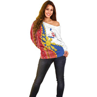 Philippines Independence Day Off Shoulder Sweater Pilipinas Sun Stars Igorot Pattern