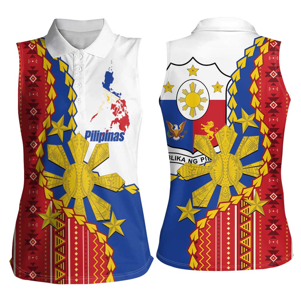 Philippines Independence Day Women Sleeveless Polo Shirt Pilipinas Sun Stars Igorot Pattern