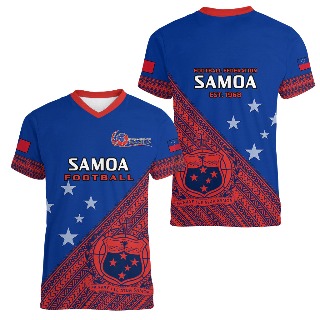 Samoa Football Women V Neck T Shirt Samoan Coat Of Arm Polynesian Sporty Style LT14 - Polynesian Pride