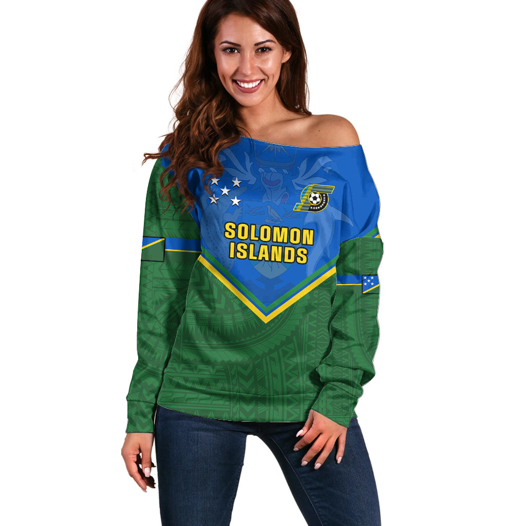 Personalised Solomon Islands Football Off Shoulder Sweater Polynesian Pattern Sporty Style LT14 Women Green - Polynesian Pride