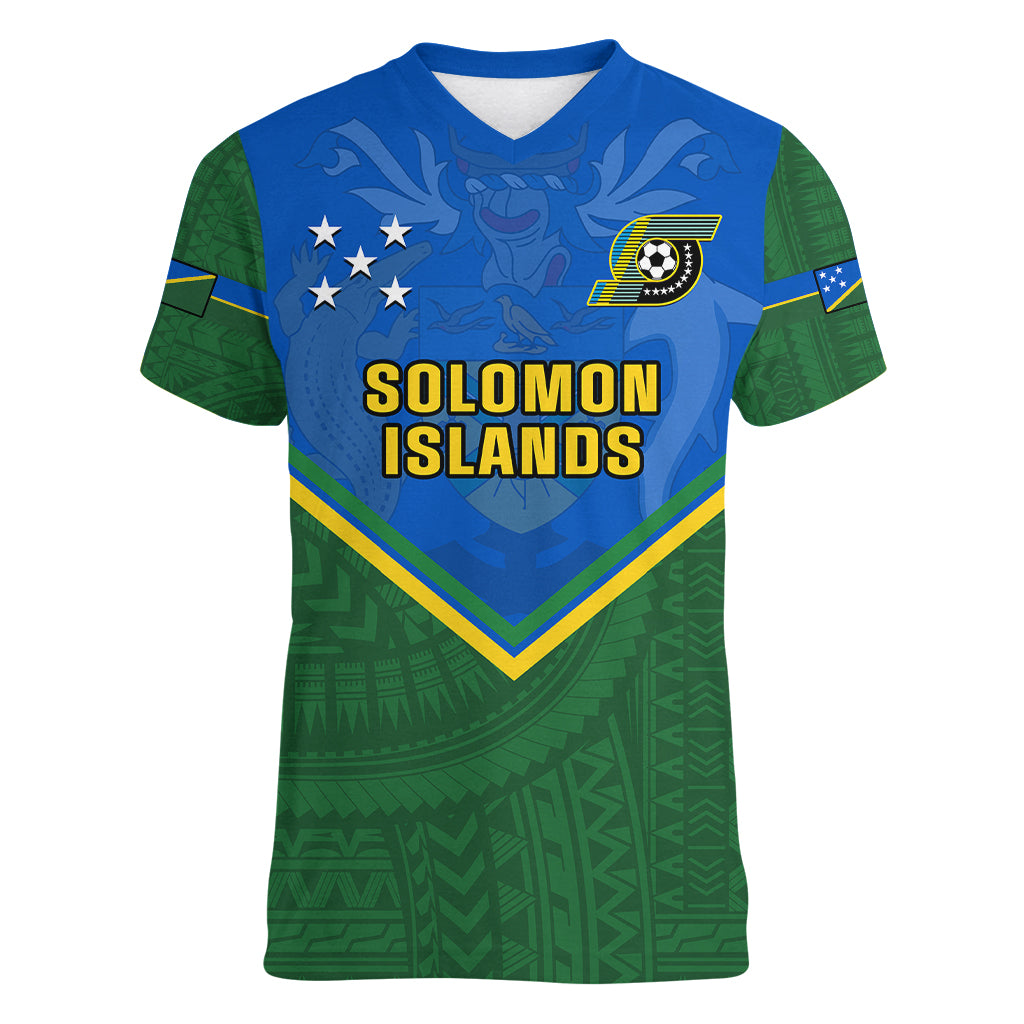 Personalised Solomon Islands Football Women V Neck T Shirt Polynesian Pattern Sporty Style LT14 Female Green - Polynesian Pride