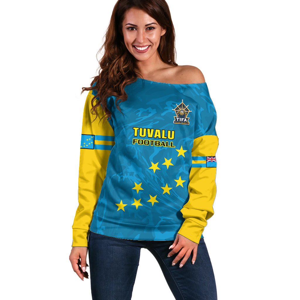 Tuvalu Islands Football Off Shoulder Sweater Polynesian Pattern Sporty Style LT14 Women Blue - Polynesian Pride