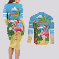 Flamingo Hawaii Summer Christmas Personalized Couples Matching Long Sleeve Bodycon Dress and Long Sleeve Button Shirt Mele Kalikimaka Beachy Vibes