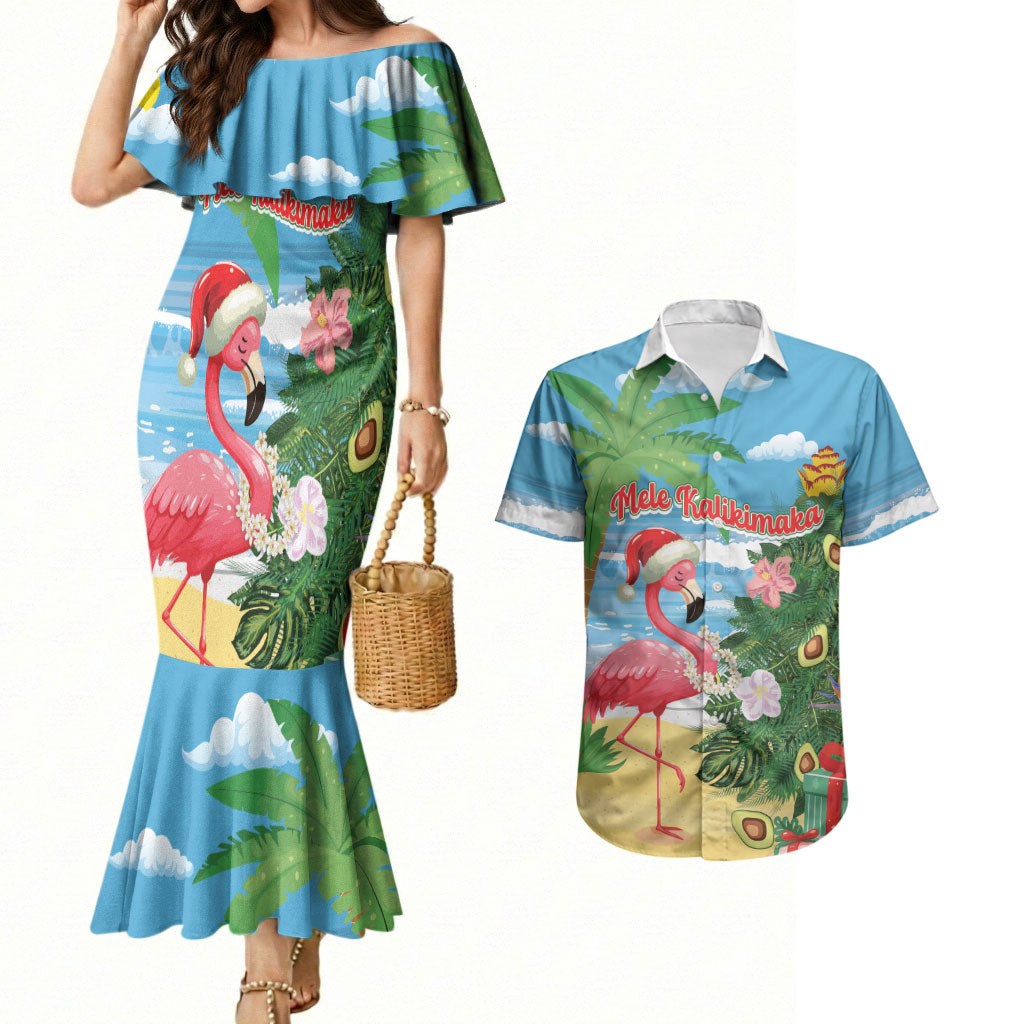 Flamingo Hawaii Summer Christmas Personalized Couples Matching Mermaid Dress and Hawaiian Shirt Mele Kalikimaka Beachy Vibes LT14 Blue - Polynesian Pride