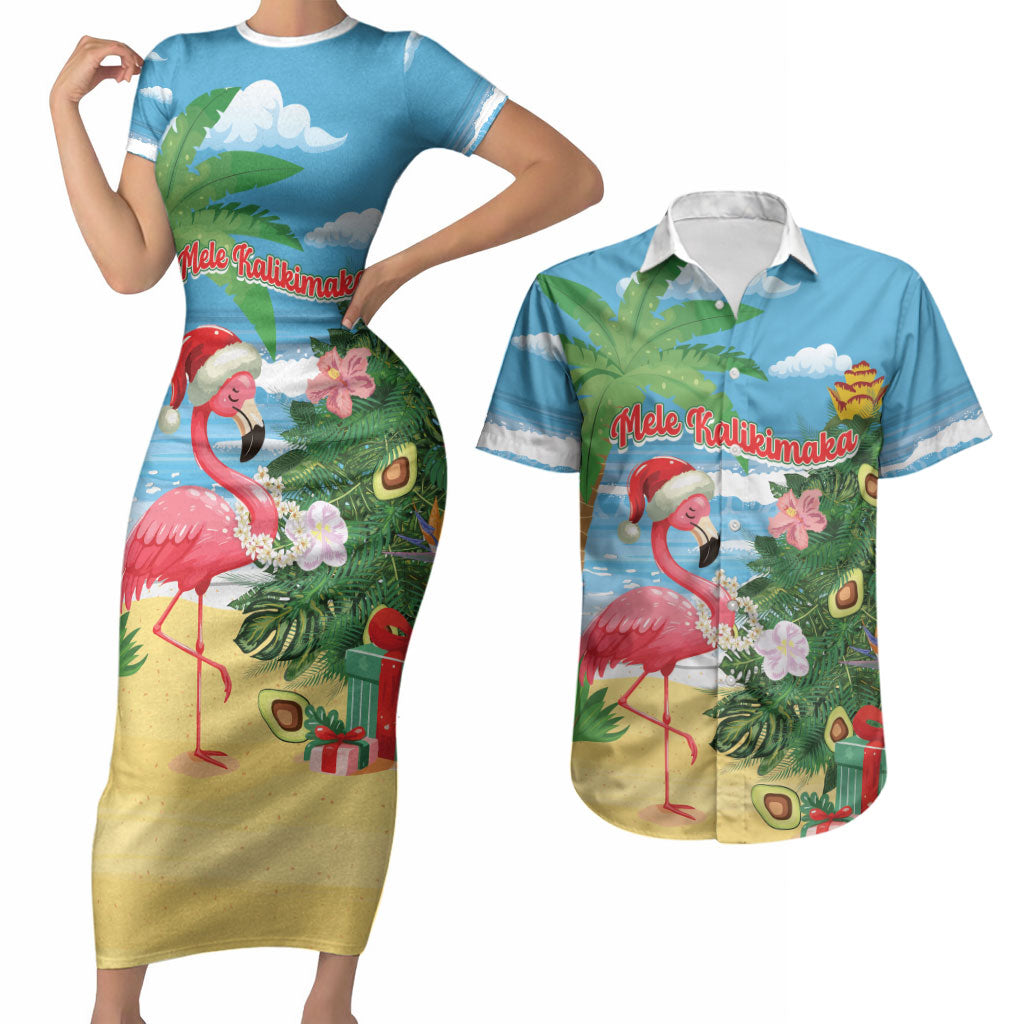 Flamingo Hawaii Summer Christmas Personalized Couples Matching Short Sleeve Bodycon Dress and Hawaiian Shirt Mele Kalikimaka Beachy Vibes LT14 Blue - Polynesian Pride