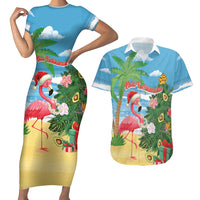 Flamingo Hawaii Summer Christmas Personalized Couples Matching Short Sleeve Bodycon Dress and Hawaiian Shirt Mele Kalikimaka Beachy Vibes