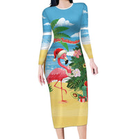 Flamingo Hawaii Summer Christmas Personalized Family Matching Long Sleeve Bodycon Dress and Hawaiian Shirt Mele Kalikimaka Beachy Vibes LT14 Mom's Dress Blue - Polynesian Pride