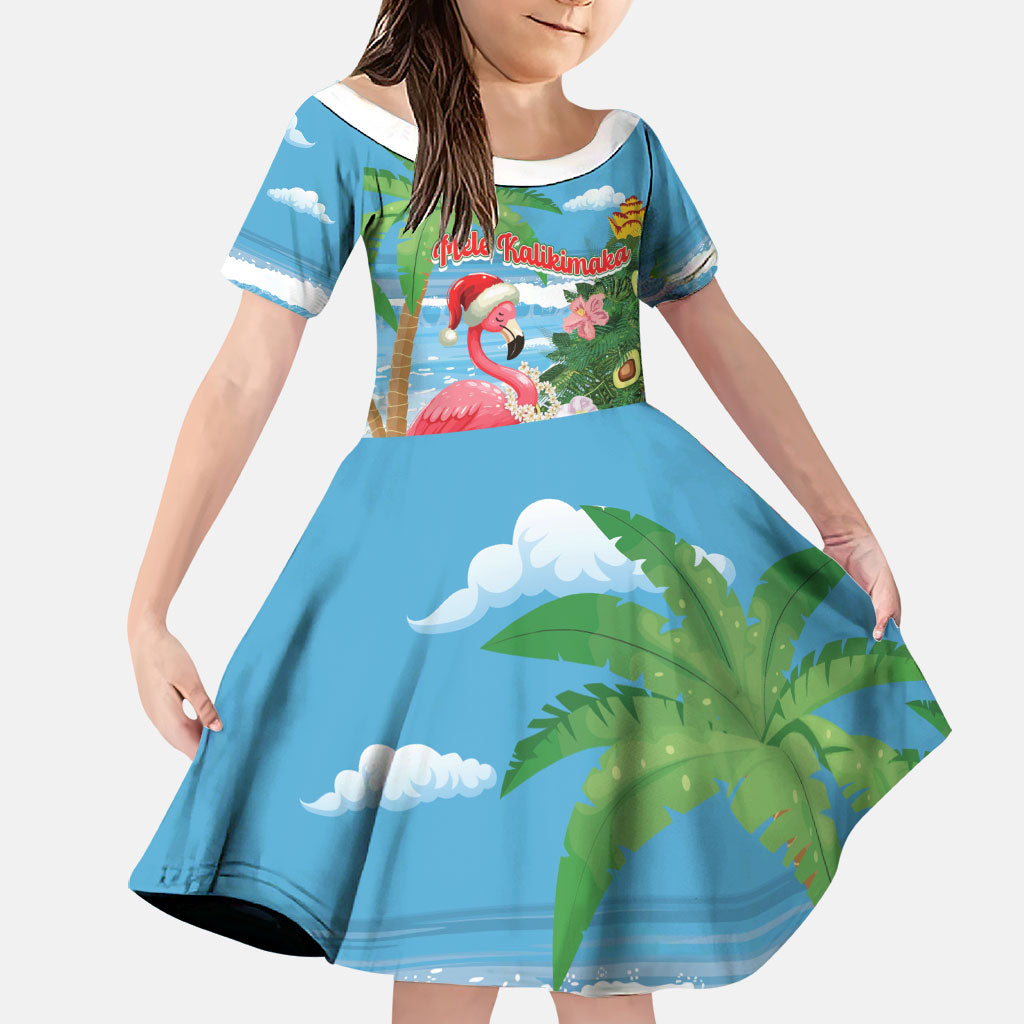 Flamingo Hawaii Summer Christmas Personalized Family Matching Off The Shoulder Long Sleeve Dress and Hawaiian Shirt Mele Kalikimaka Beachy Vibes LT14 Daughter's Dress Blue - Polynesian Pride
